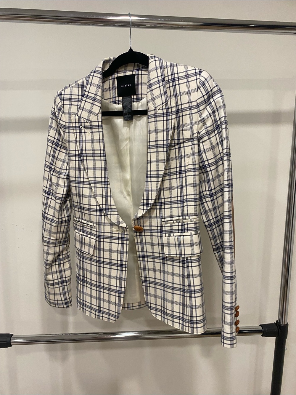 Smythe Cream and Navy Plaid Single-Button Blazer